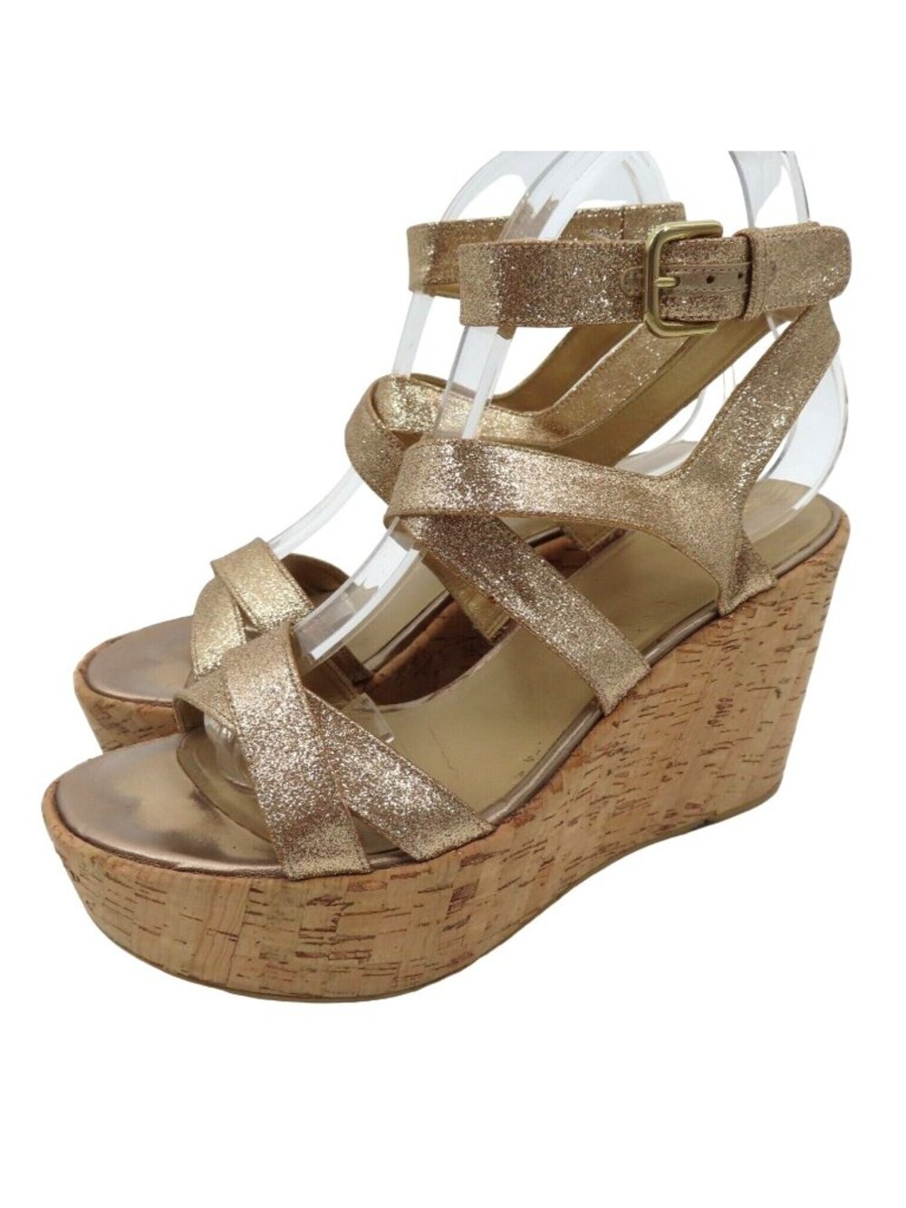 Stuart Weitzman Women 9M Gold Glitter Cork Platform Wedge Sandals Strappy Shoes